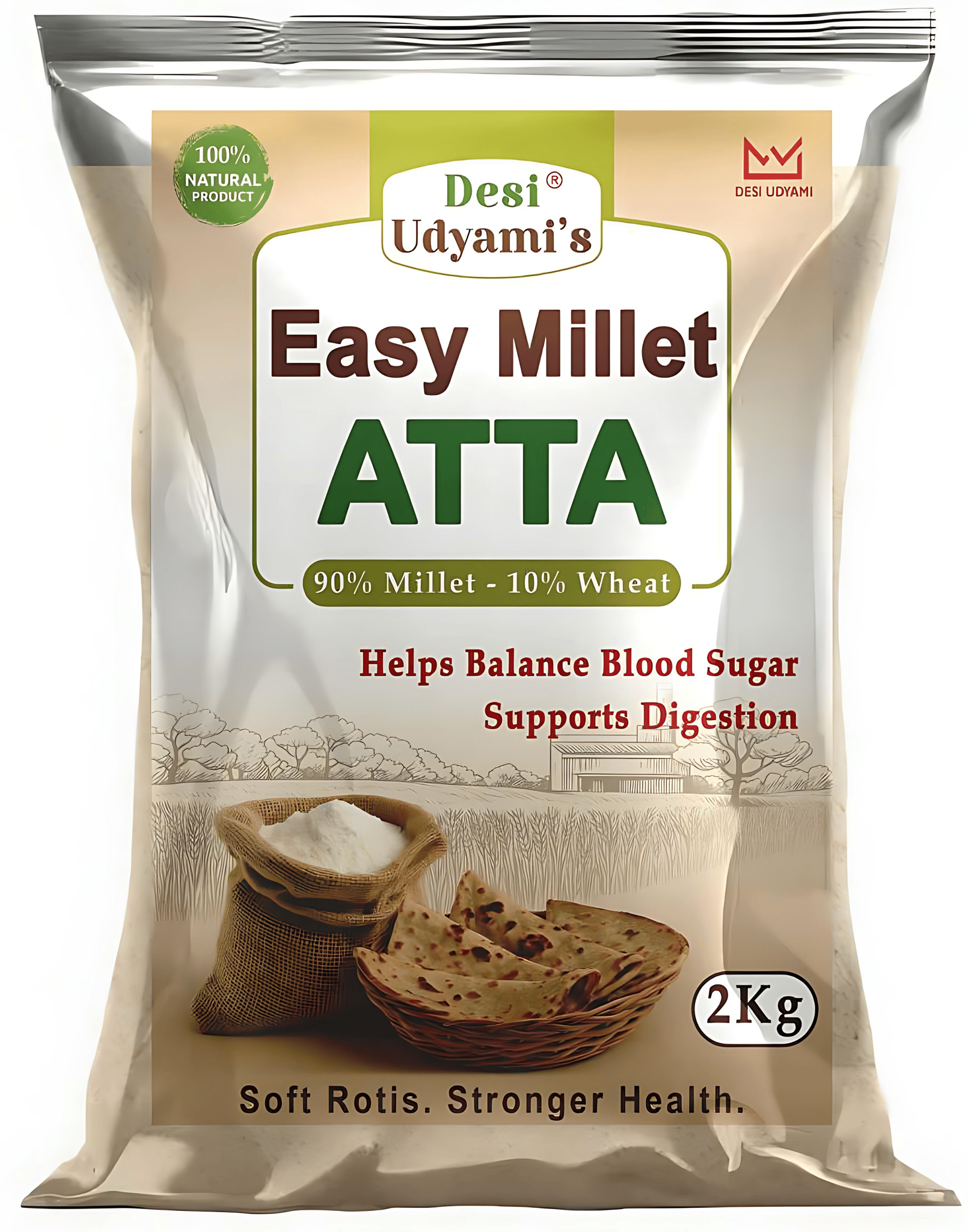 Desi Udyami EasyMillet Multigrain Atta – Diabetes-Friendly, Low GI, High Fiber Roti Flour (Jowar, Ragi, Bajra, Methi, Jeera) | Multigrain Flour for Diabetes, Weight Loss & Thyroid | Low GI Millet Atta with 10% Wheat 2 Kgs (pack of 5)