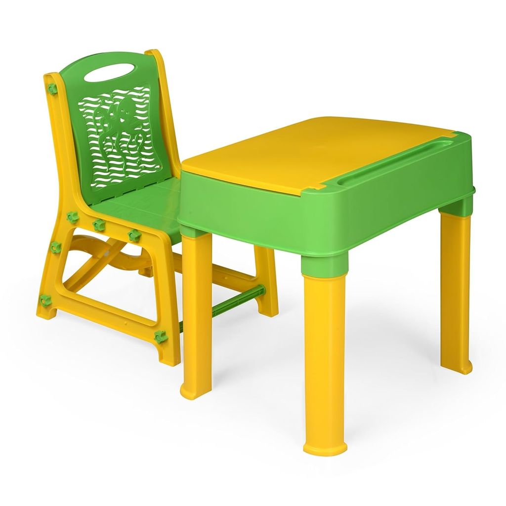 Junior Study Table and Chair Set with Storage for Stationary | Laptop Desk | Dining Breakfast Table for Eating & Multipurpose | Suitable for 3 to 12 Years Age | Green/Lime Yellow