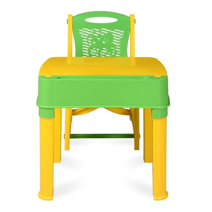 Junior Study Table and Chair Set with Storage for Stationary | Laptop Desk | Dining Breakfast Table for Eating & Multipurpose | Suitable for 3 to 12 Years Age | Green/Lime Yellow