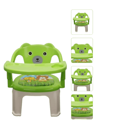Plastic Chu-Chu squeak sound Feeding Chair with Removable Tray || Soft Cushion Seat & High Backrest with Teddy Bear Design Study Table ||Strong and Portable Baby Chair for Kids, Toddlers, and Babies || 1-4 Years, Upto 30 Kgs - Green