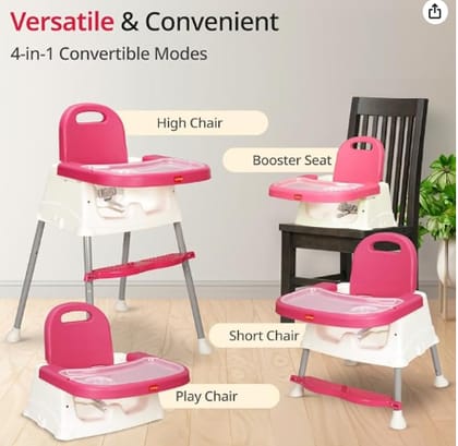 4 in 1 Convertible Baby High Chair with footrest, Convertible to High Chair, Low Chair, & Booster Seat, Essential for Baby Feeding (Pink)