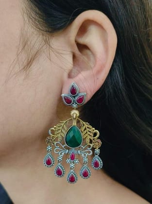 Silver Plated Dual Tone Earrings | Sarichka-Green+Red