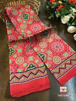 Authentic Murshidabad Bengal Pure Silk Ajrakh Print Saree - Red