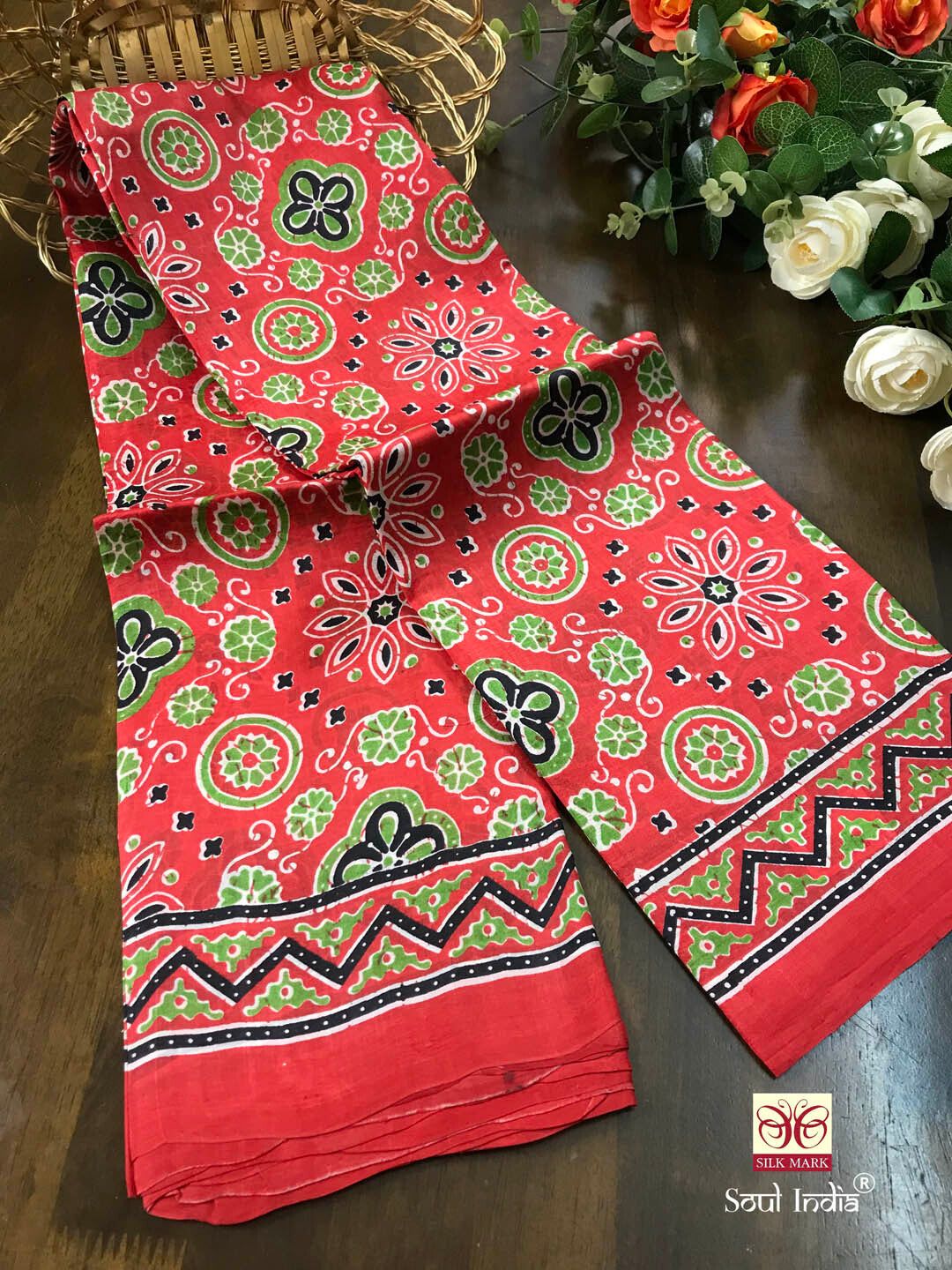 Authentic Murshidabad Bengal Pure Silk Ajrakh Print Saree - Red