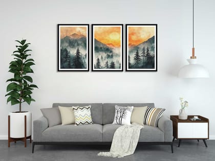 SUNSET FOREST LANDSCAPE PAINTINGS 48in X 24in WITH BLACK FRAME