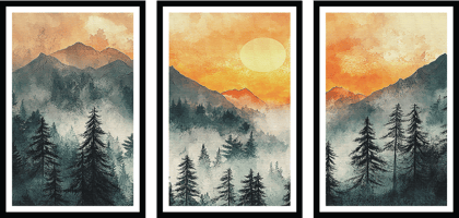 SUNSET FOREST LANDSCAPE PAINTINGS 48in X 24in WITH BLACK FRAME