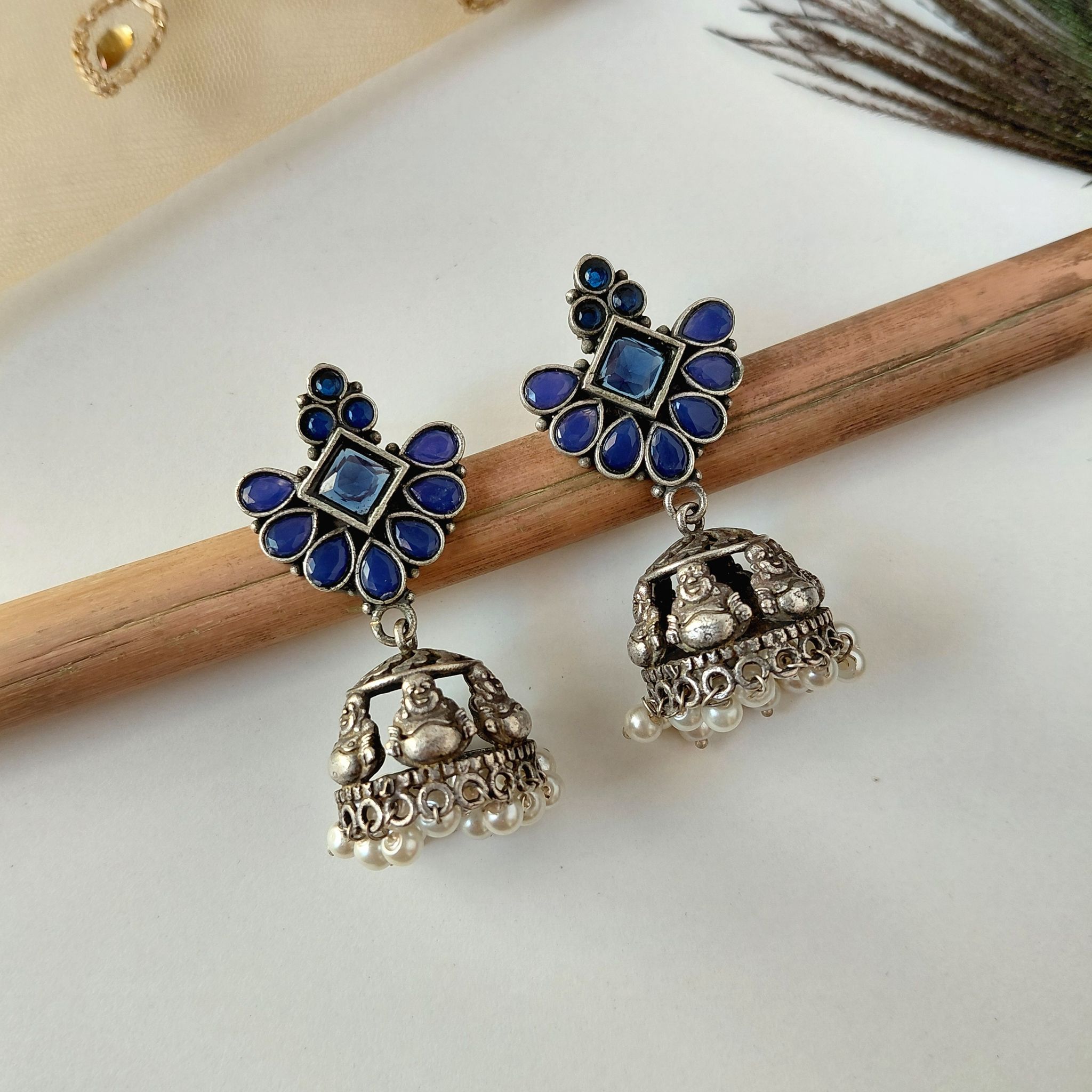 Unique Silver Look Alike Oxidised Laughing Buddha Jhumka Earrings For Women Ethnic, Temple Wear Earrings Under 220
