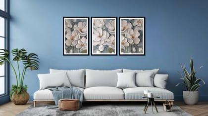 AUREATE GOLD 3 PIECE PAINTNGS 48in X 24in WITH BLACK FRAME