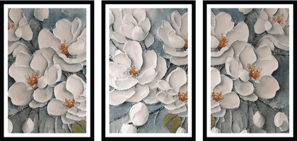 AUREATE GOLD 3 PIECE PAINTNGS 48in X 24in WITH BLACK FRAME