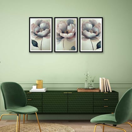SET OF 3 PEONY FLOWERS PRINTS 48in X 24in WITH BLACK FRAME