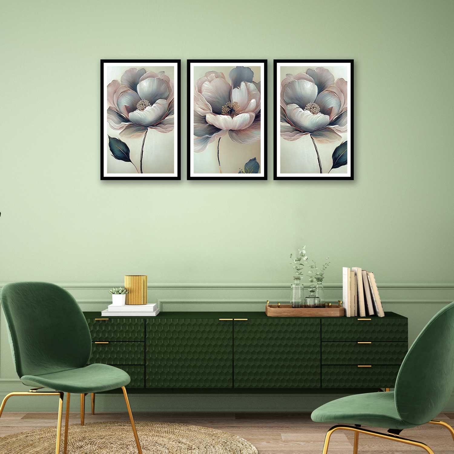 SET OF 3 PEONY FLOWERS PRINTS 48in X 24in WITH BLACK FRAME