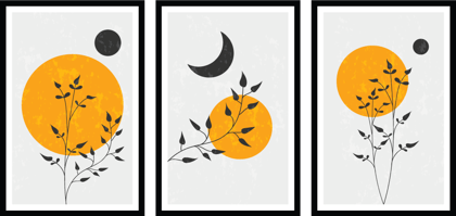 SET OF 3 ABSTRACT SUN AND MOON PRINTS 48in X 24in WITH BLACK FRAME