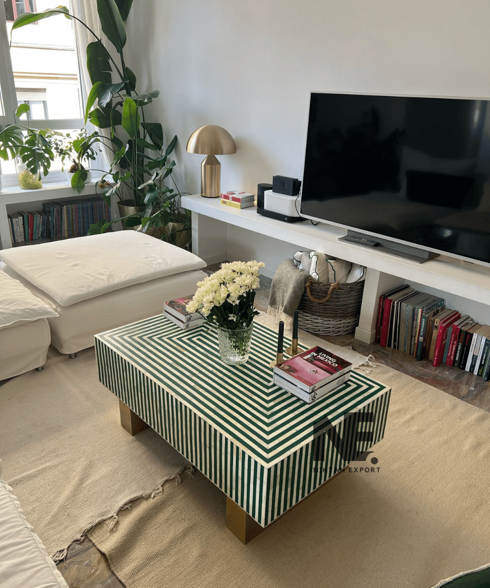 Handmade Green Bone Inlay Coffee Table – Striped Design with Brass Legs | Elegant Boho-Luxe Center Table