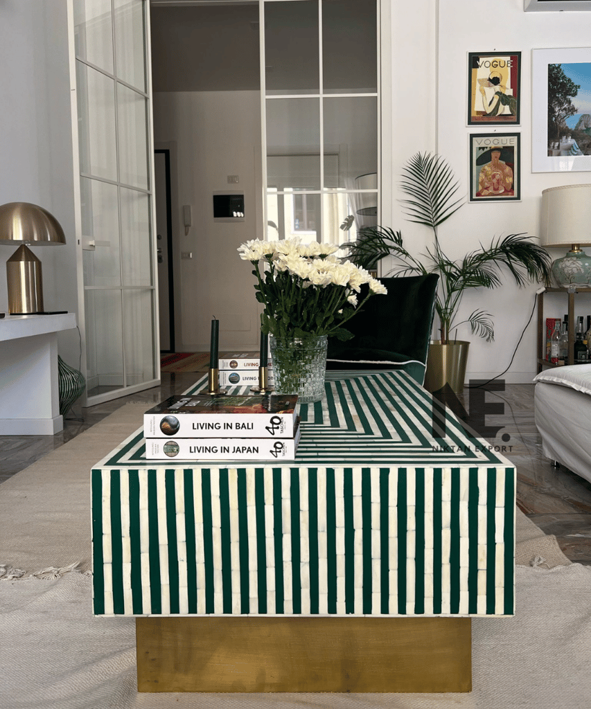 Premium Home - - and - - Decor Handmade Green Bone Inlay Coffee Table – Striped Design with Bras