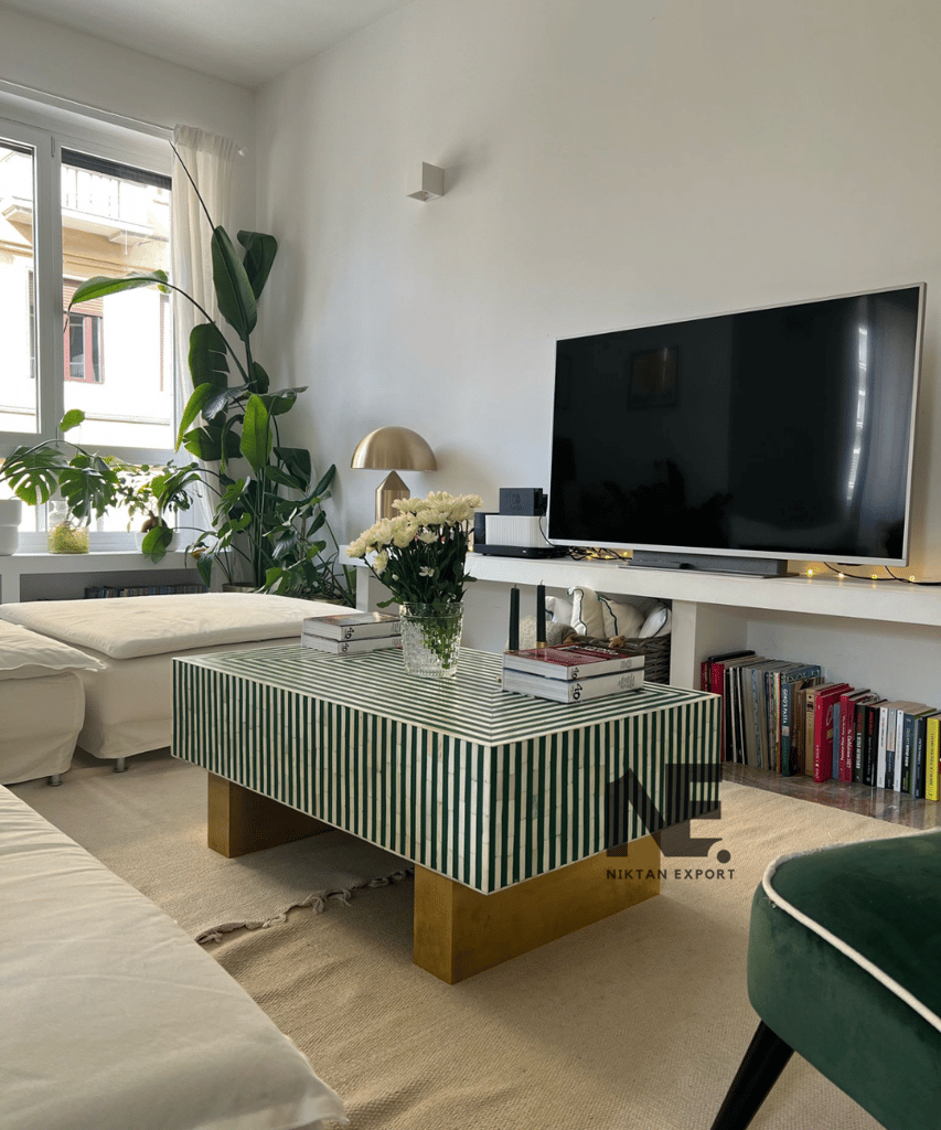 Premium Home - - and - - Decor Handmade Green Bone Inlay Coffee Table – Striped Design with Bras