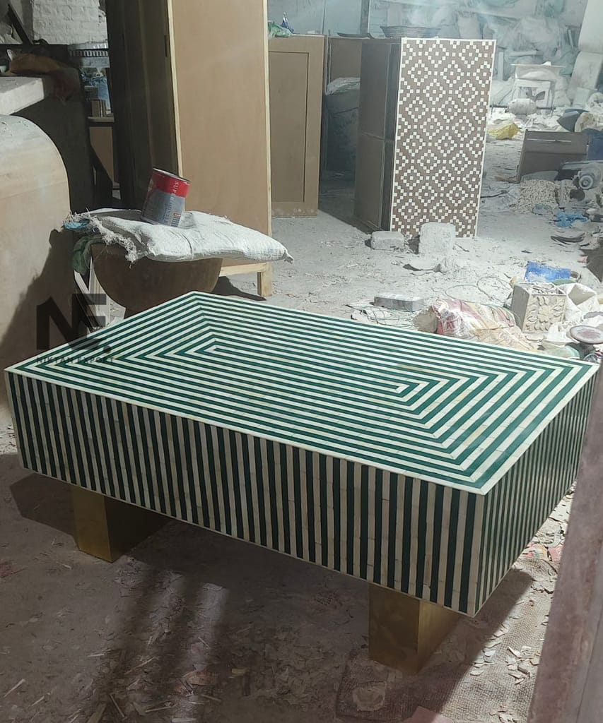 Premium Home - - and - - Decor Handmade Green Bone Inlay Coffee Table – Striped Design with Bras