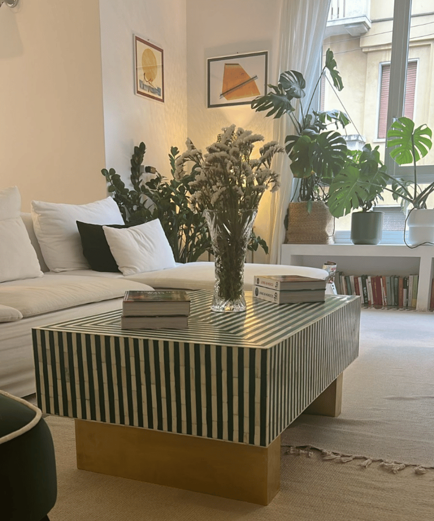 Premium Home - - and - - Decor Handmade Green Bone Inlay Coffee Table – Striped Design with Bras