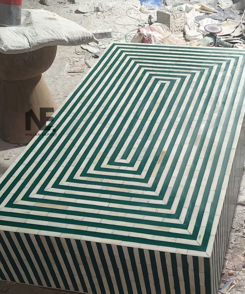 Premium Home - - and - - Decor Handmade Green Bone Inlay Coffee Table – Striped Design with Bras