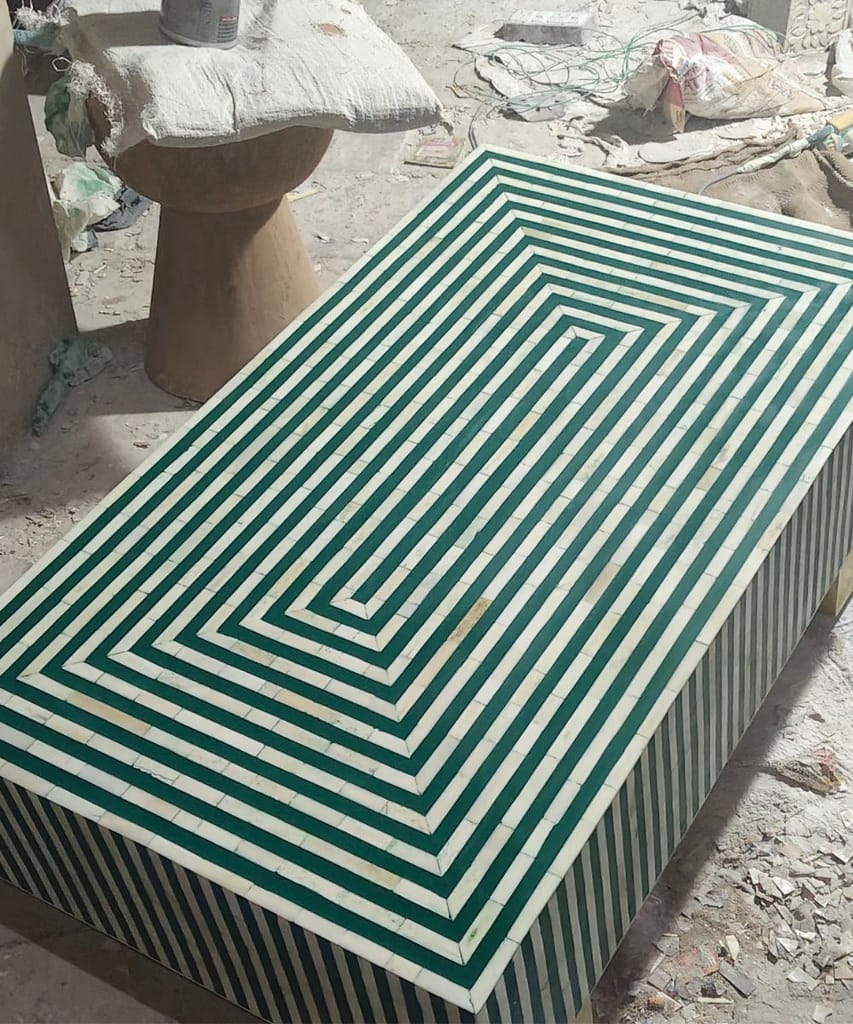 Premium Home - - and - - Decor Handmade Green Bone Inlay Coffee Table – Striped Design with Bras