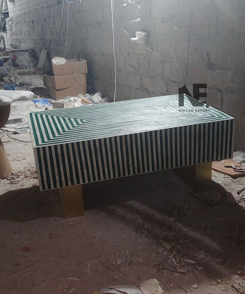 Premium Home - - and - - Decor Handmade Green Bone Inlay Coffee Table – Striped Design with Bras