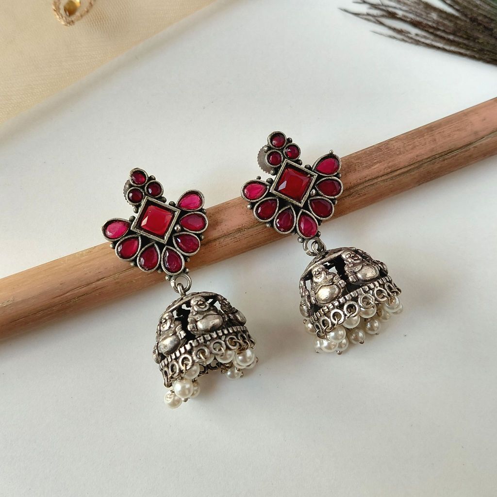 Latest Women Unique Silver Look Alike Oxidised Laughing Buddha Jhumka Earrings For Women Ethnic,