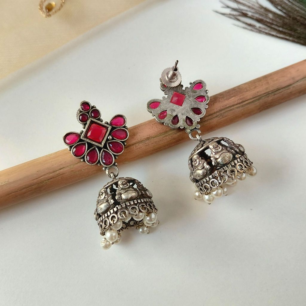 Latest Women Unique Silver Look Alike Oxidised Laughing Buddha Jhumka Earrings For Women Ethnic,