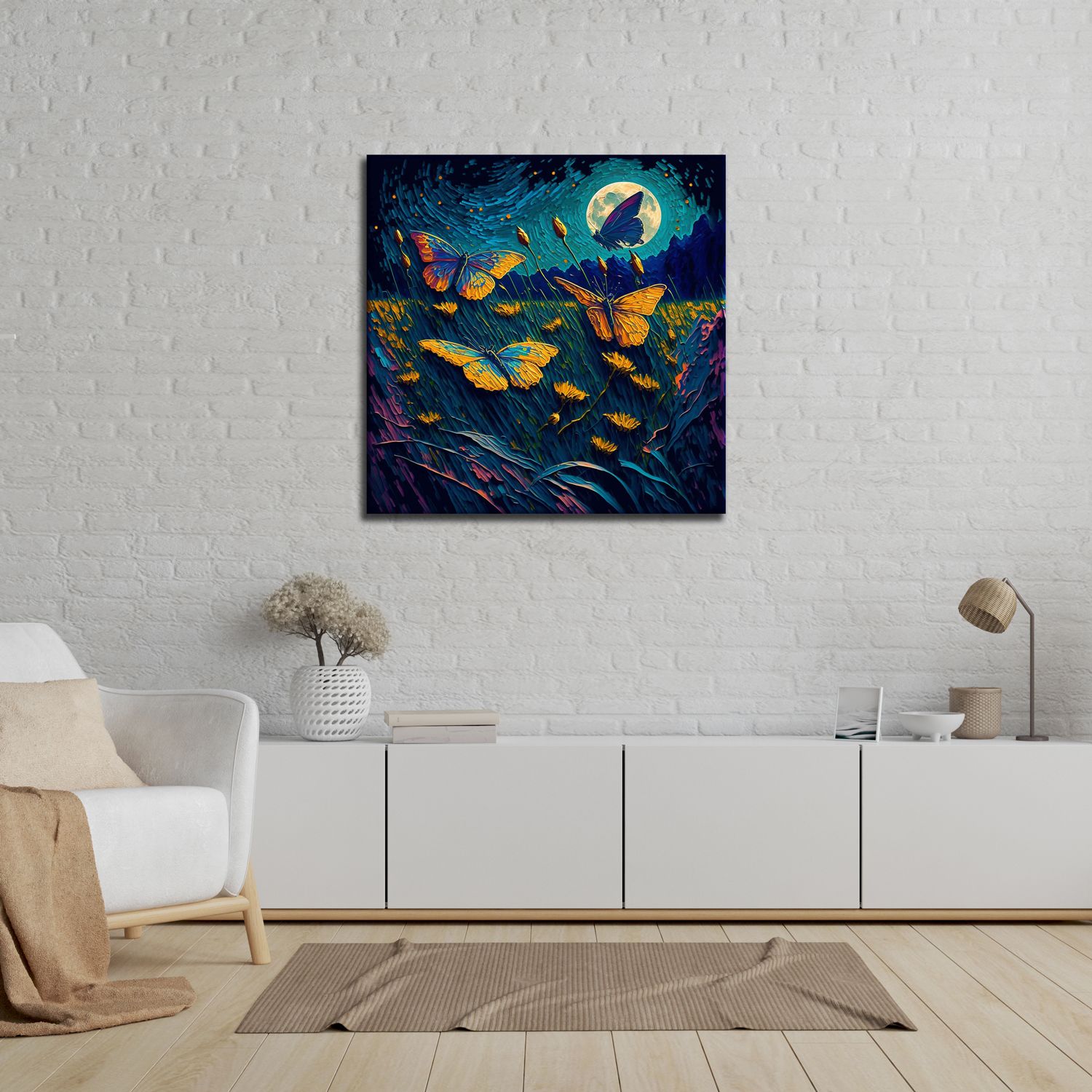 BUTTERFLIES IN A MOONLIGHT 24in X 24in WITH BLACK FRAME