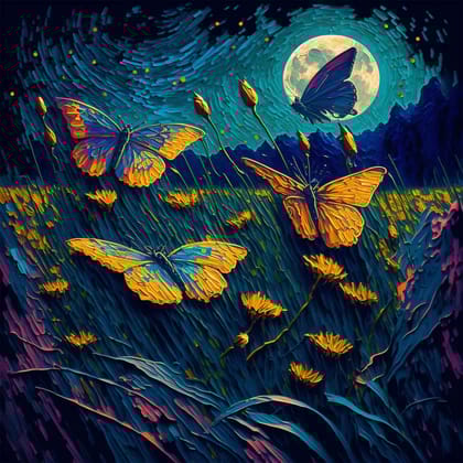 BUTTERFLIES IN A MOONLIGHT 24in X 24in WITH BLACK FRAME