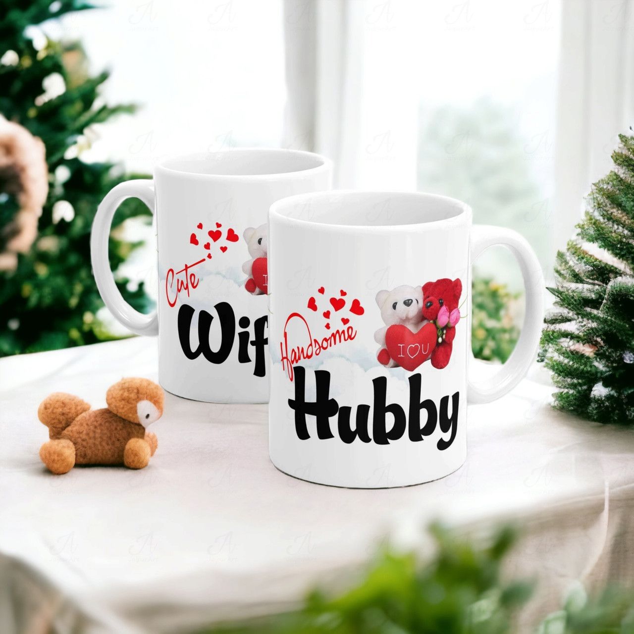 Cute Wife & Handsome Hubby Couple Mugs – Personalized His & Hers Coffee Mugs – Romantic Gift for Couples, Wedding, Anniversary, Valentine's Day