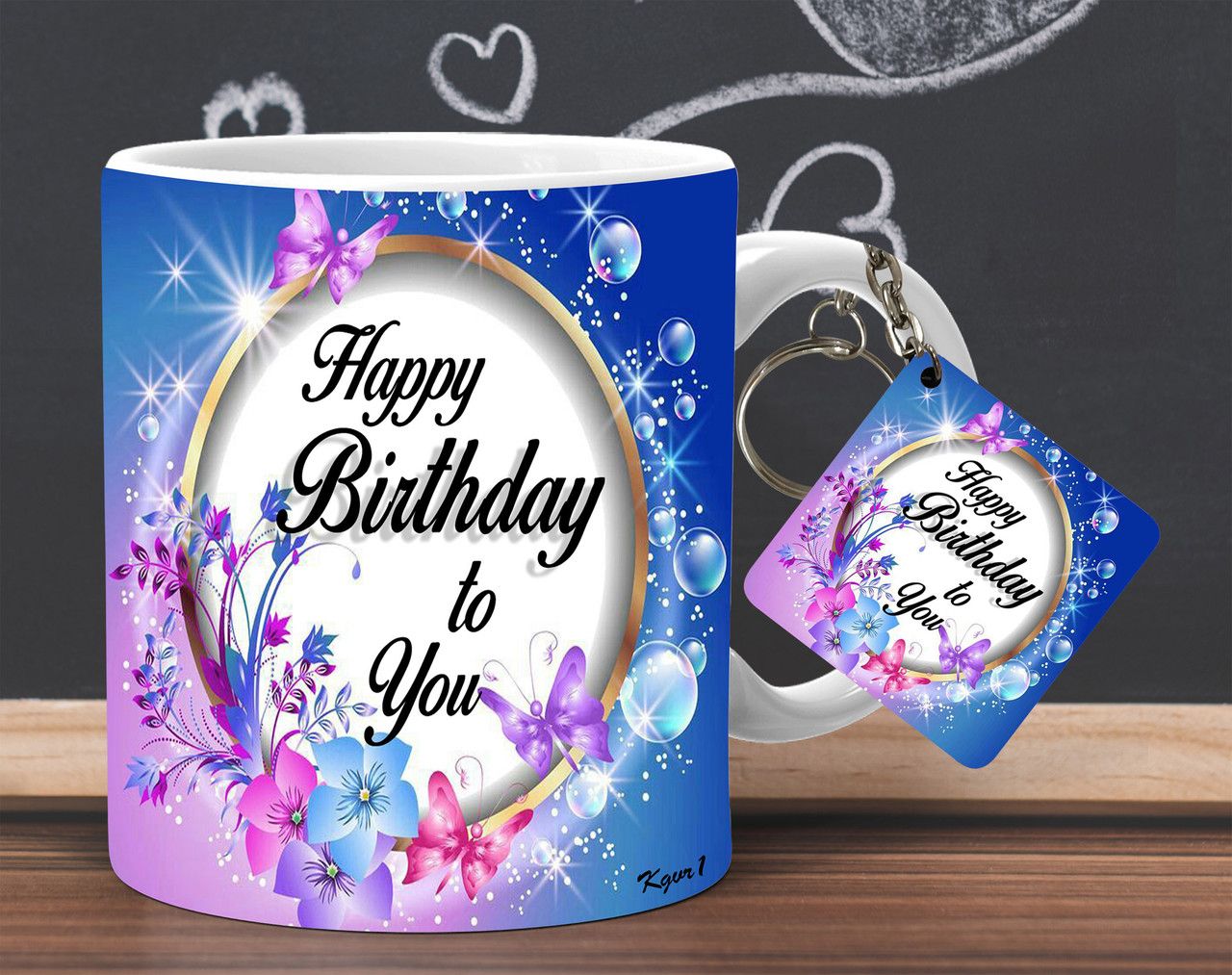 Personalized Blue & Purple Floral Happy Birthday Mug and Keychain Gift Set – 11 oz Ceramic Coffee Cup – Microwave & Dishwasher Safe – Birthday Gift for Women, Girls & Friends