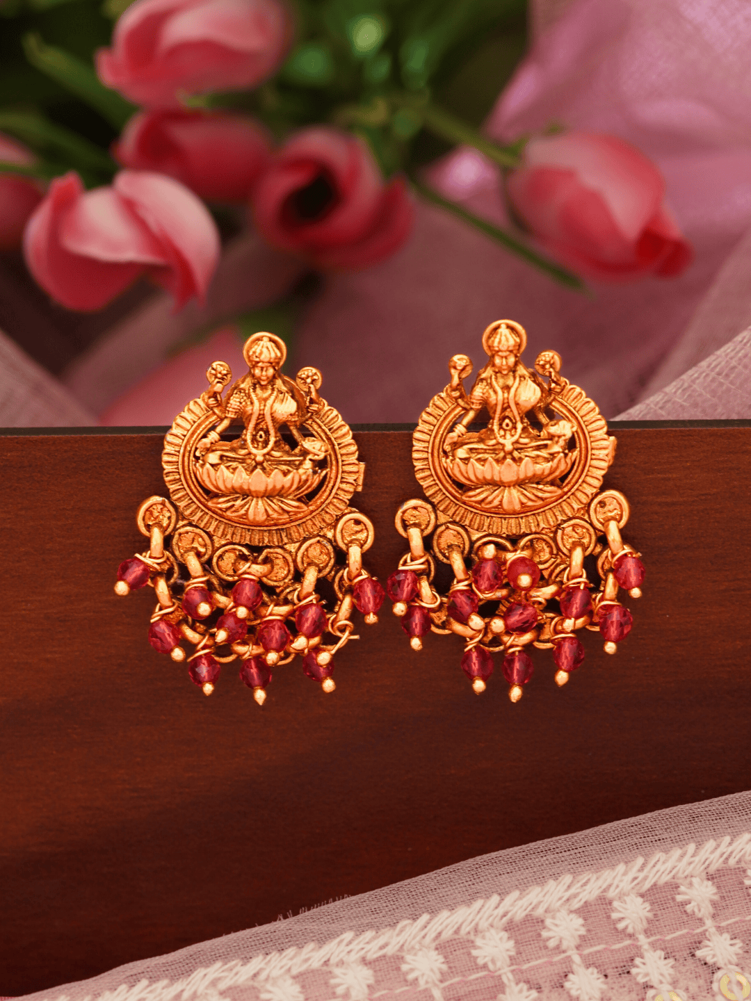 Classic Laxmi Temple Studs in Matte Gold with Red Motifs