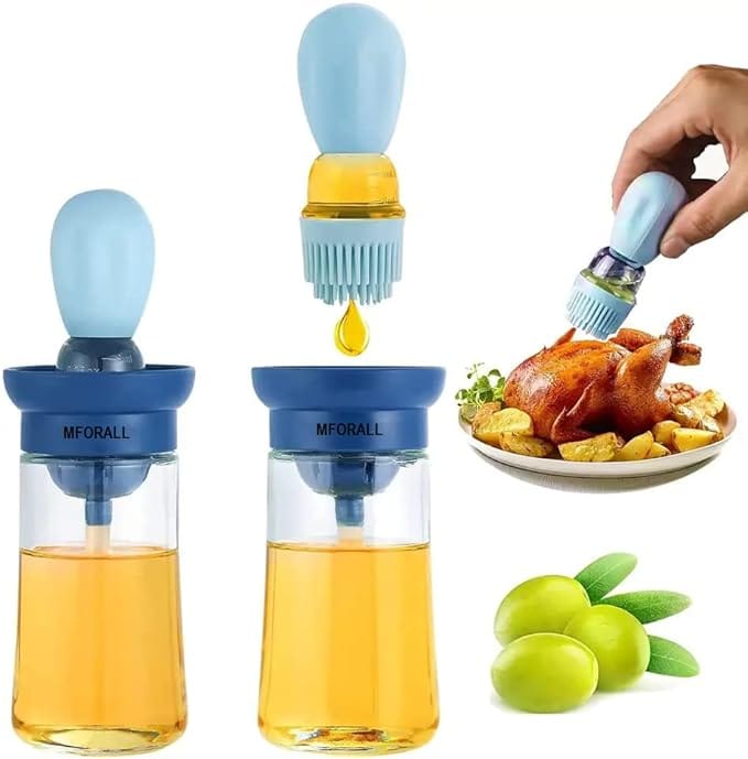 Glass Olive Oil Dispenser Bottle with Silicone Brush Droper Silicone Dropper Measuring Oil Dispenser Bottle for Kitchen Cooking Baking BBQ (Oil Dispenser with Droper 180 Ml)