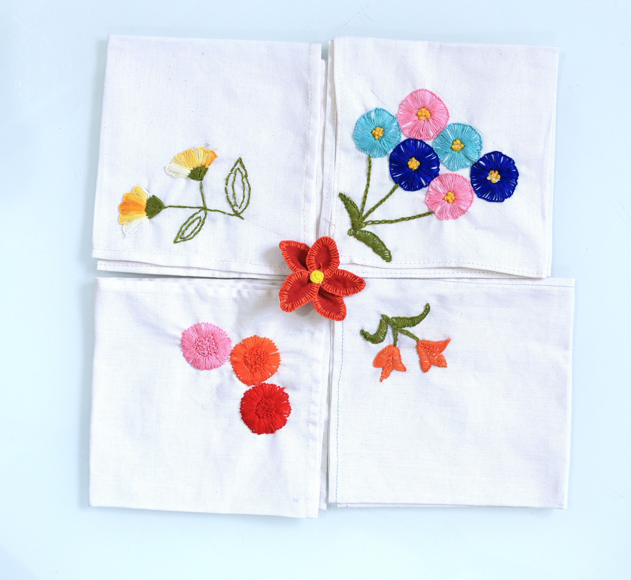 Set of 4 Hand Embroidered Floral Handkerchief