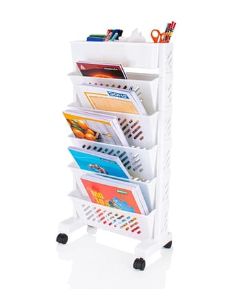 Movable Bookshelf,Large Capacity Rotatable Plastic Rolling Organization Shelf,Utility Movable Book Rack for Kids Children Students Study in Bedroom Home School (5XL) Floor Mount, White
