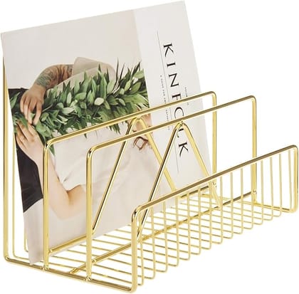 File and Magazine Holder - Book Shelf Organiser Small book shelf for table Metal Letter Organiser with 3 Compartments, Desk Table Decor, Letter Document Sorter (Gold)