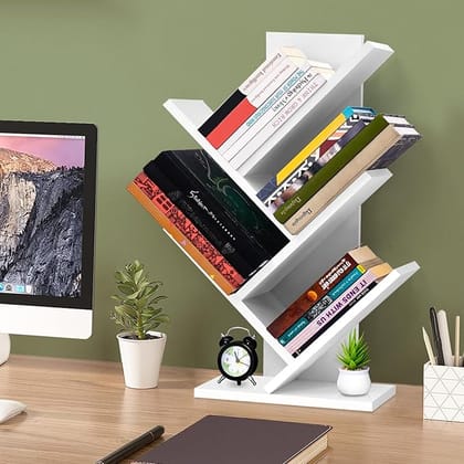 Tree Book Shelf - 5 Tier Book Stand for Home Library, Office Engineered Wood Storage Utility Display Multipurpose Vertical Shelf for Bedroom, Living Room (L 31 x B 17 x H 63.5 cm - White)