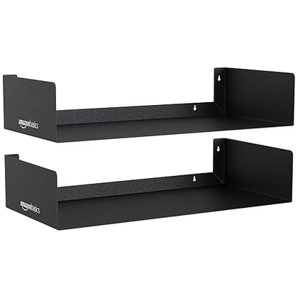 basics Heavy Duty Wall Mounted Metal Bookshelf | CD DVD Storage Display for Home | Set of 2 | Black