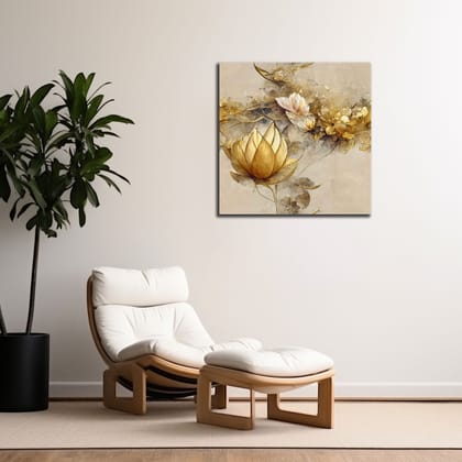 HANDRAWN GOLDEN LOTUS WALLART 24in X 24in WITH BLACK FRAME