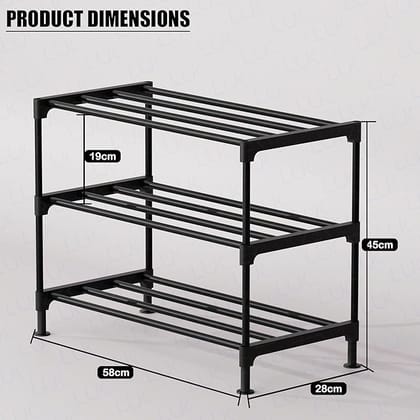 3 Layer Metal Bookshelf | Book Case/Stationery Storage Organizer | Rack for Home, Study Room, Library, Office (Black/58x45x28cm)