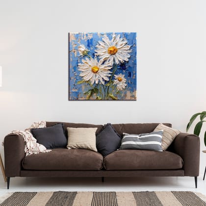 TEXTURED WHITE DAISY FLOWERS PAINTINGS 24in X 24in WITH BLACK FRAME