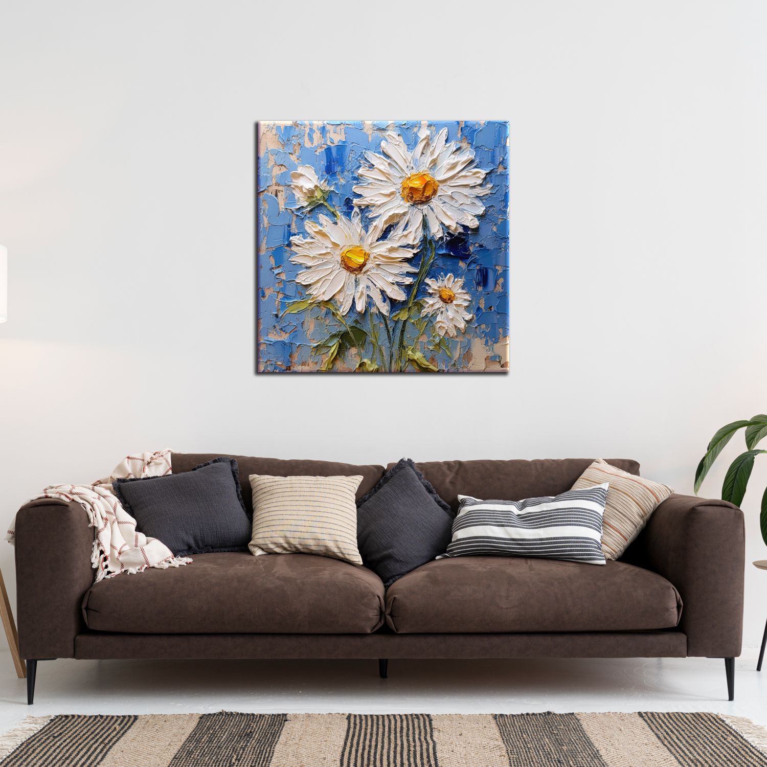 TEXTURED WHITE DAISY FLOWERS PAINTINGS 24in X 24in WITH BLACK FRAME