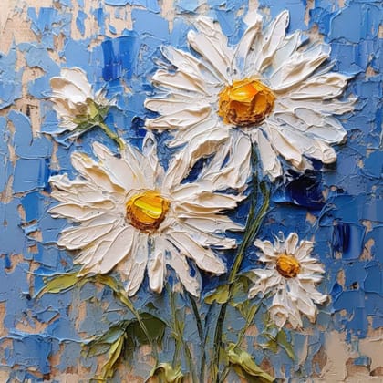 TEXTURED WHITE DAISY FLOWERS PAINTINGS 24in X 24in WITH BLACK FRAME