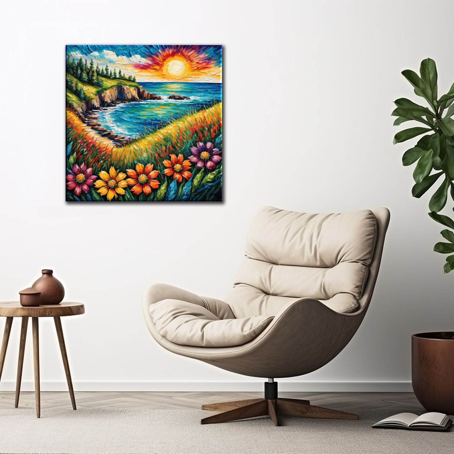 VIBRANT FLORAL SUNSET VIEW WALLART 24in X 24in WITH BLACK FRAME