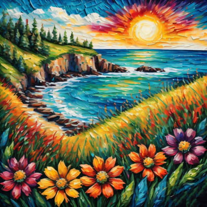 VIBRANT FLORAL SUNSET VIEW WALLART 24in X 24in WITH BLACK FRAME