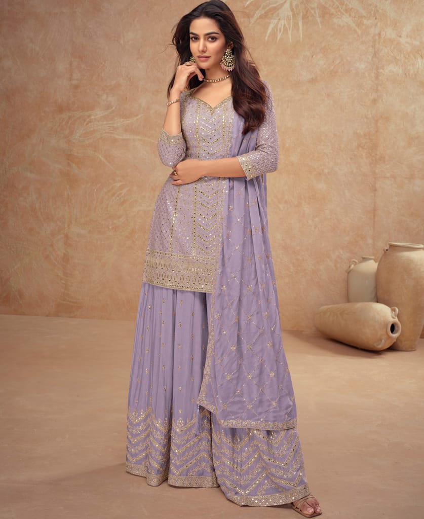 designer chinon palazzo set for women ethnic wear violet