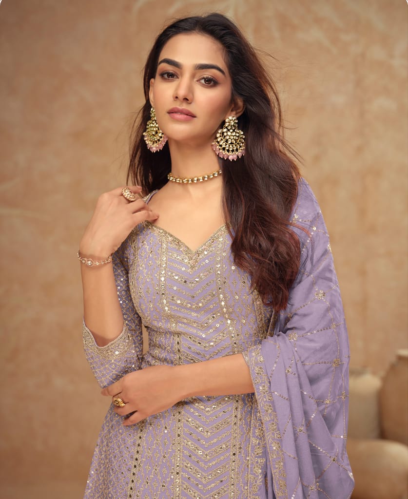 designer chinon palazzo set for women ethnic wear violet