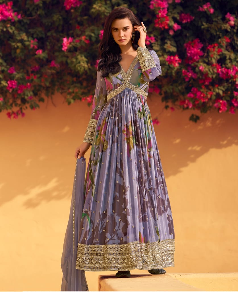 lavender floral printed chinon anarkali for women