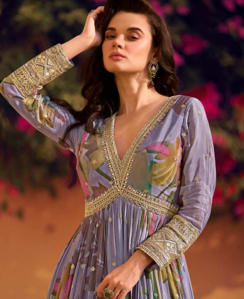 lavender floral printed chinon anarkali for women