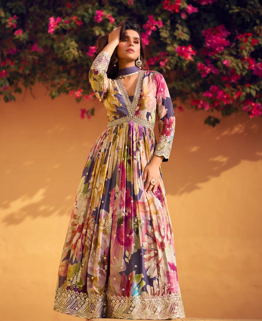 purple floral printed chinon anarkali for women