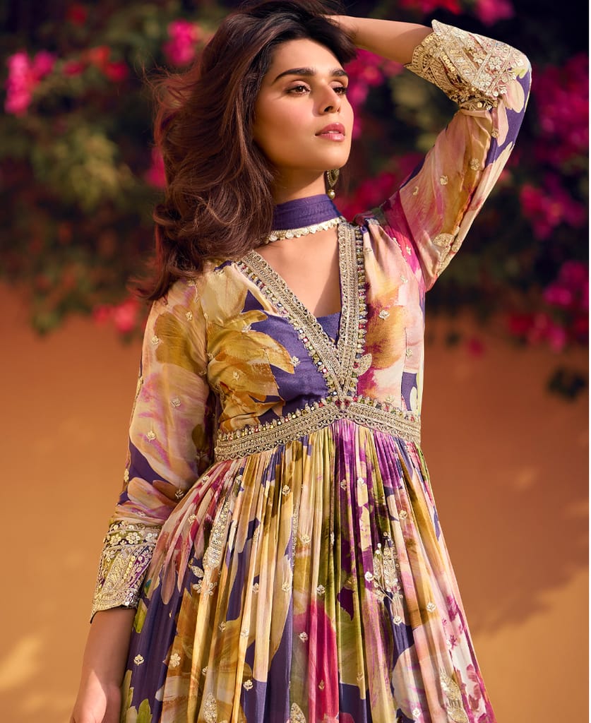 purple floral printed chinon anarkali for women
